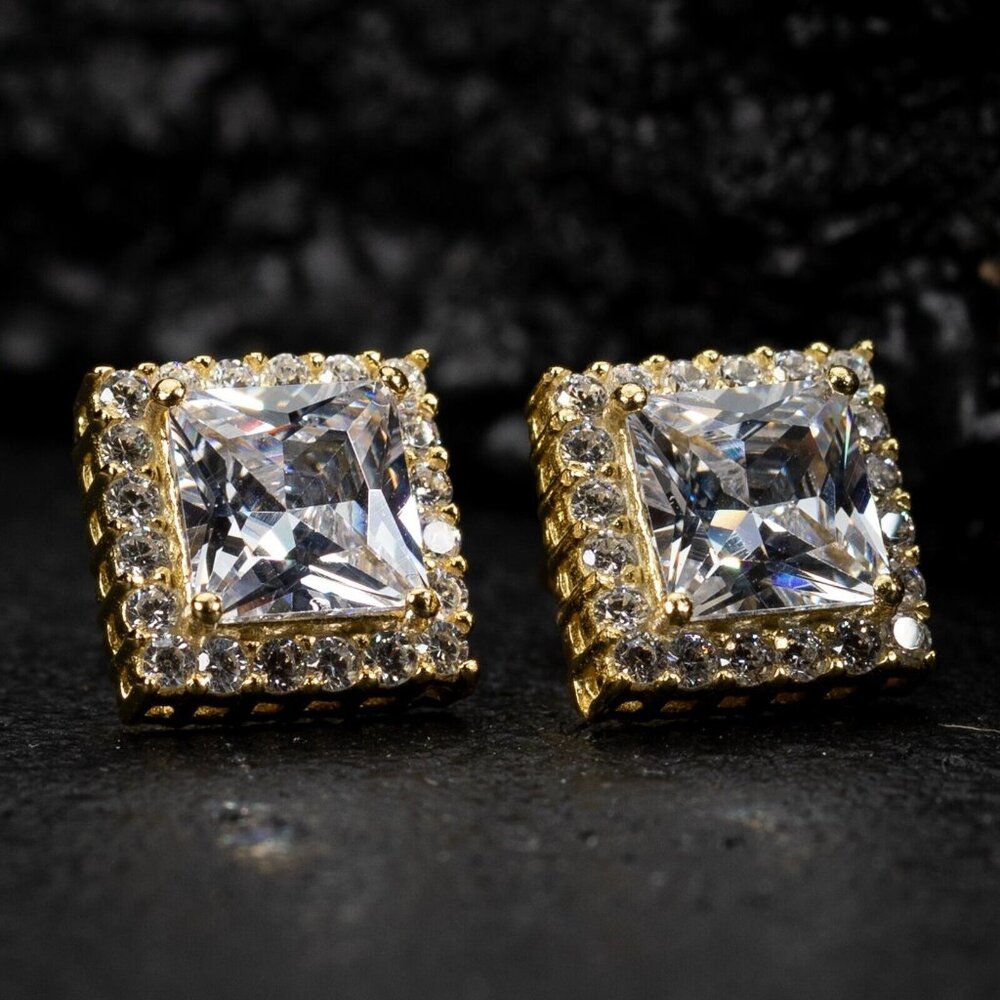Iced Princess Cut Square Shape Cubic Zirconia Gold Plated Men's Stud Earrings